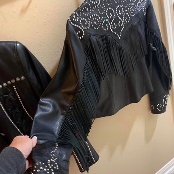 Kippys Embellished Black Leather Fringed Jacket - Picture 3 of 5